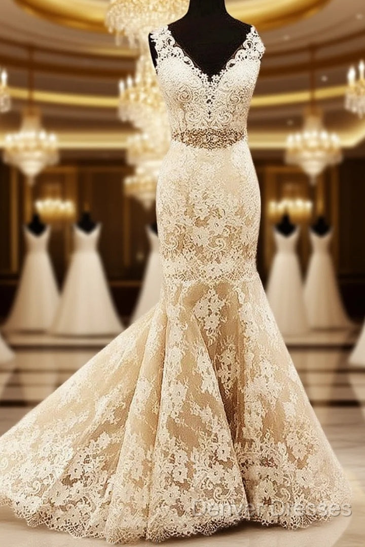 Lace Cap Sleeves Mermaid Wedding Dress V Neck With Sashes Main image