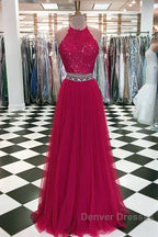 Lace Crop Top Tulle Prom Dress Two Piece Evening Gowns Beaded Sashes