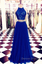 Lace Crop Top Tulle Prom Dress Two Piece Evening Gowns Beaded Sashes