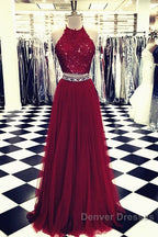 Lace Crop Top Tulle Prom Dress Two Piece Evening Gowns Beaded Sashes