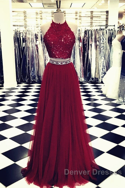 Lace Crop Top Tulle Prom Dress Two Piece Evening Gowns Beaded Sashes
