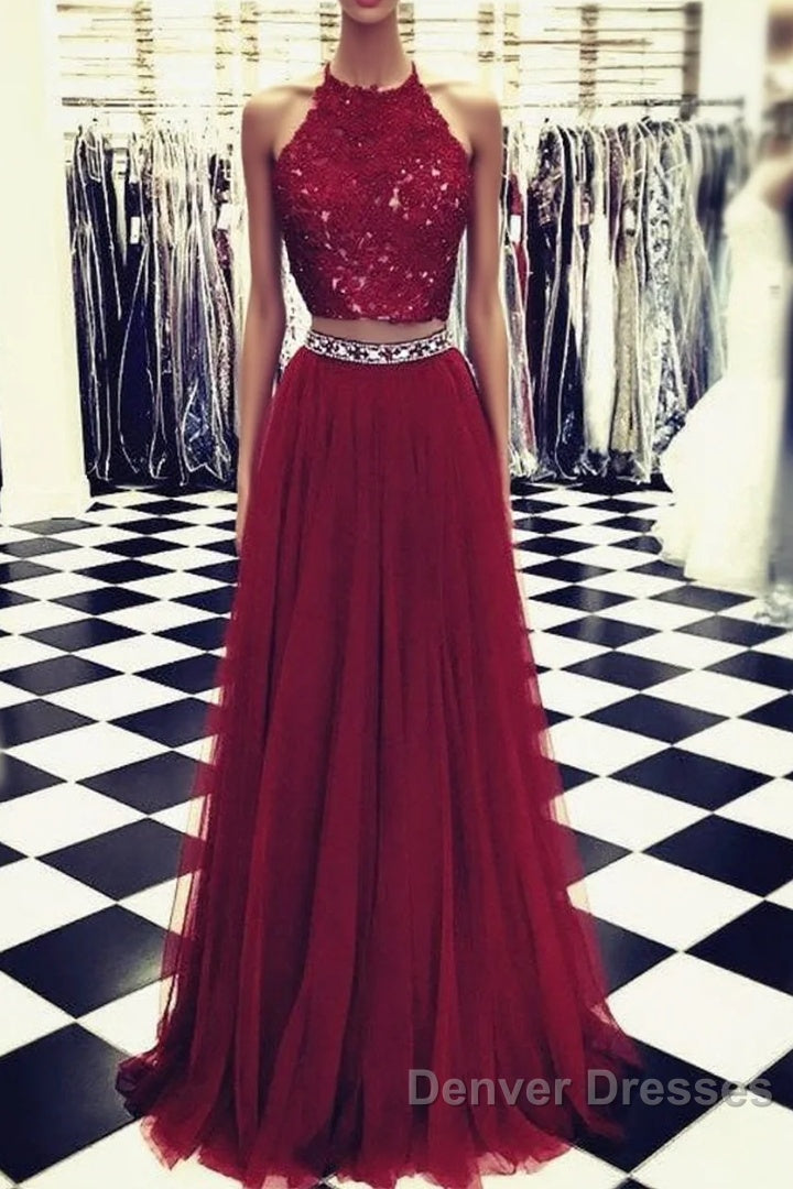 Lace Crop Top Tulle Prom Dress Two Piece Evening Gowns Beaded Sashes