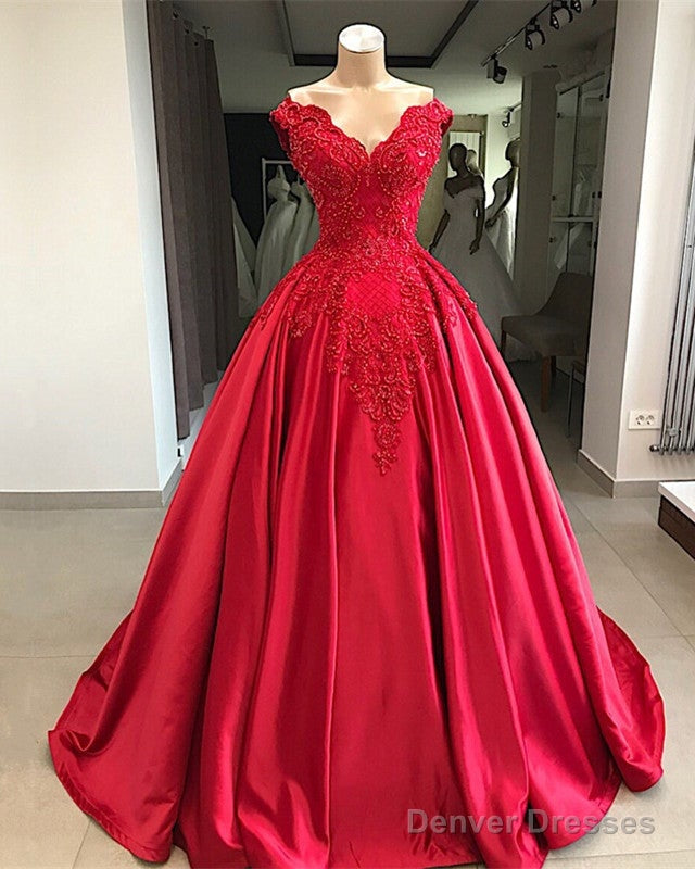 Lace Embroidery Beaded V-Neck Satin Ball Gown Prom Dress Main image