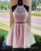 Lace Embroidery Halter Tulle Homecoming Dress Cross Back