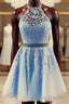 Lace Embroidery Halter Tulle Homecoming Dress Cross Back