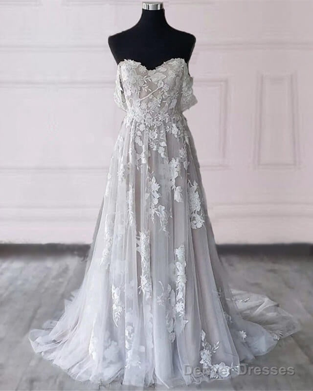 Lace Embroidery Off The Shoulder Boho Tulle Wedding Dress Main image