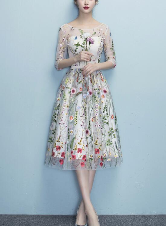 Lace Floral Elegant 1/2 Sleeves Knee Length Round Neckline Party Dress, Homecoming Dress , Party Dress Secondary image