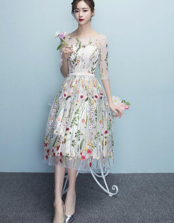 Lace Floral Elegant 1/2 Sleeves Knee Length Round Neckline Party Dress, Homecoming Dress , Party Dress Main image