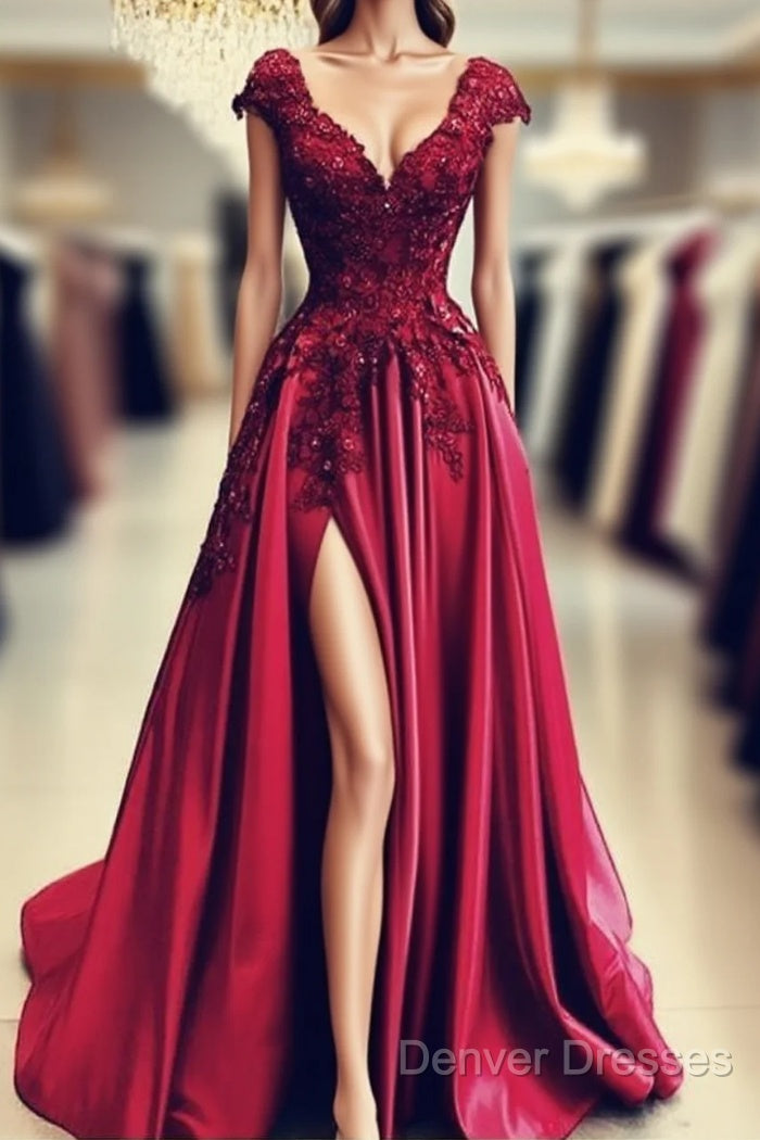 Lace Flowers Beaded Cap Sleeves V-Neck Prom Dress Split Evening Gowns Main image