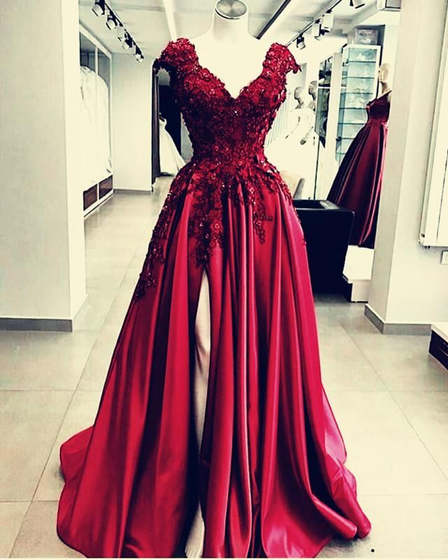 Lace Flowers Beaded Cap Sleeves V-Neck Prom Dress Split Evening Gowns Main image
