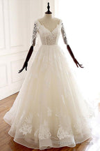 Lace Half Sleeve Long White V Neck Tulle Wedding Dress