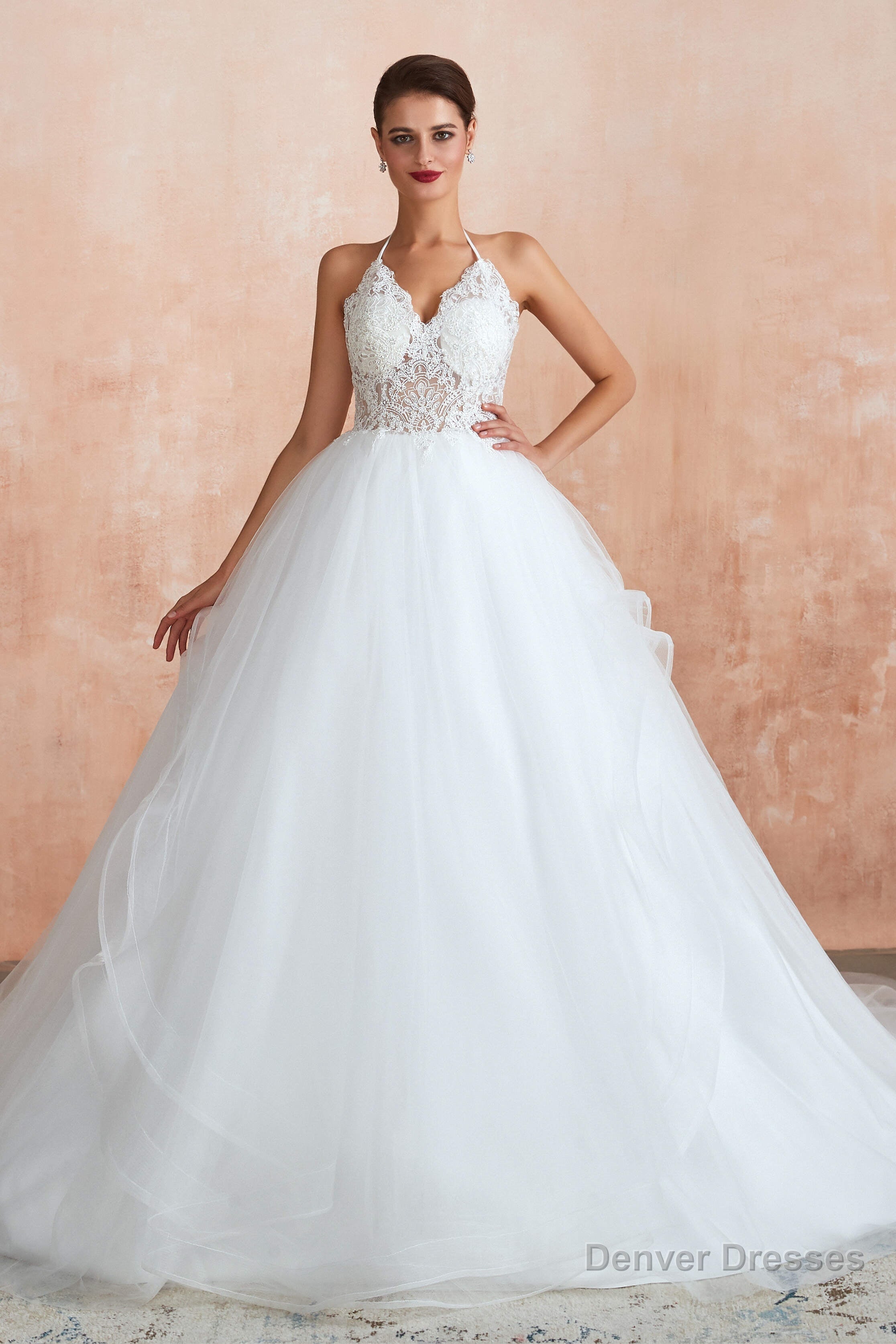 Lace Halter See-through Multi-Layers White Wedding Dresses with Open Back Main image