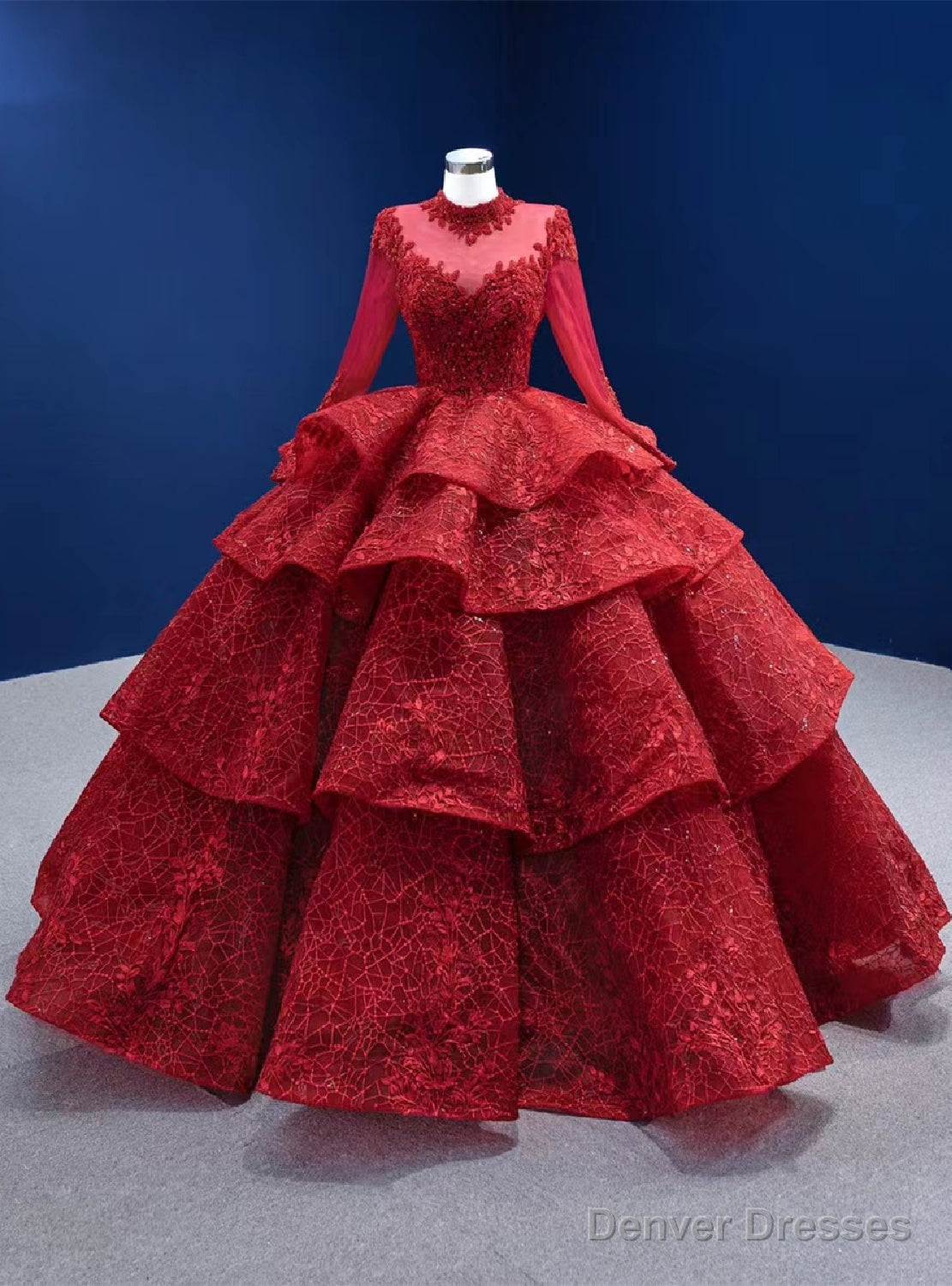 Lace High Neck Long Sleeve Beading Prom Dress Main image