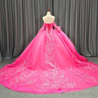 Lace Hot Pink Sequins Ball Gown Quinceaera Dress