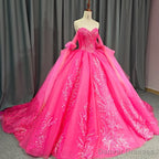 Lace Hot Pink Sequins Ball Gown Quinceaera Dress