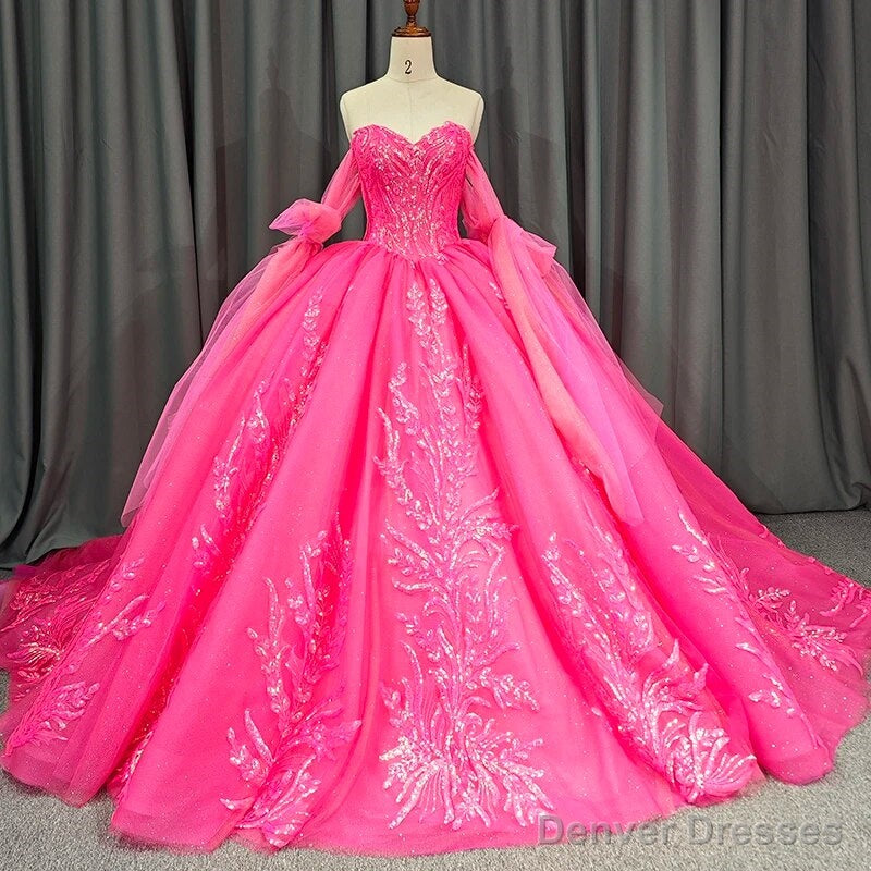 Lace Hot Pink Sequins Ball Gown Quinceaera Dress