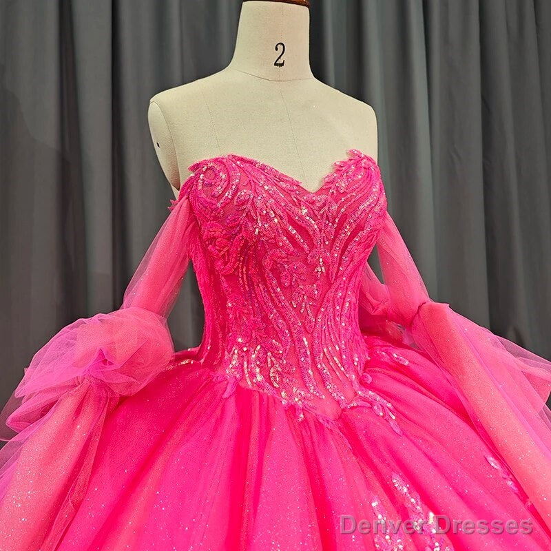 Lace Hot Pink Sequins Ball Gown Quinceaera Dress