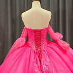 Lace Hot Pink Sequins Ball Gown Quinceaera Dress