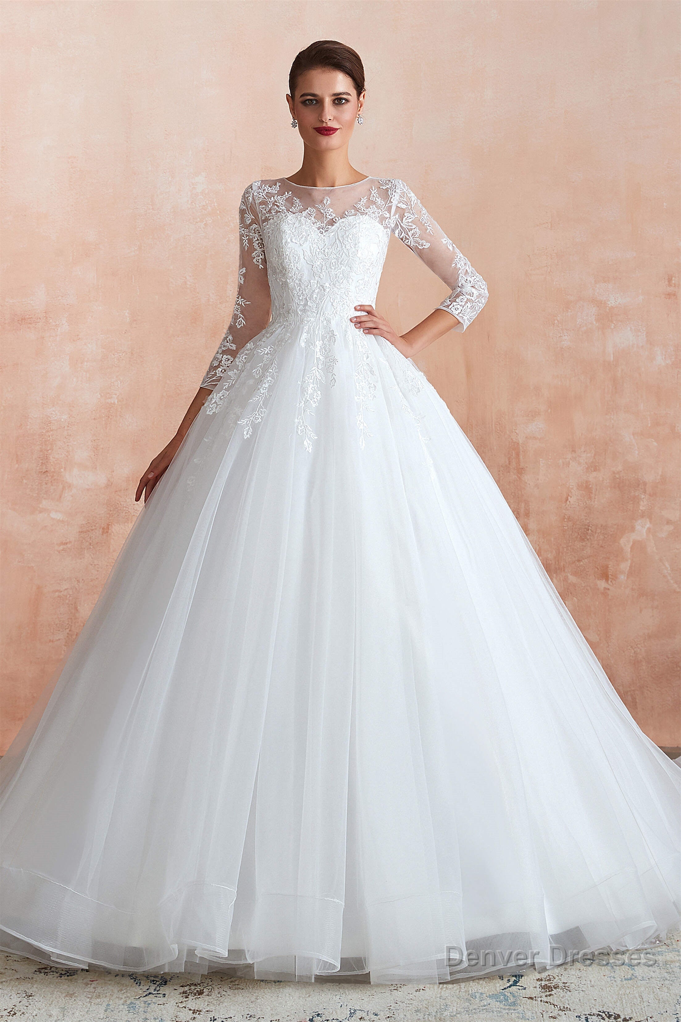 Lace Jewel White Tulle Wedding Dresses with 3/4 Sleeves Main image