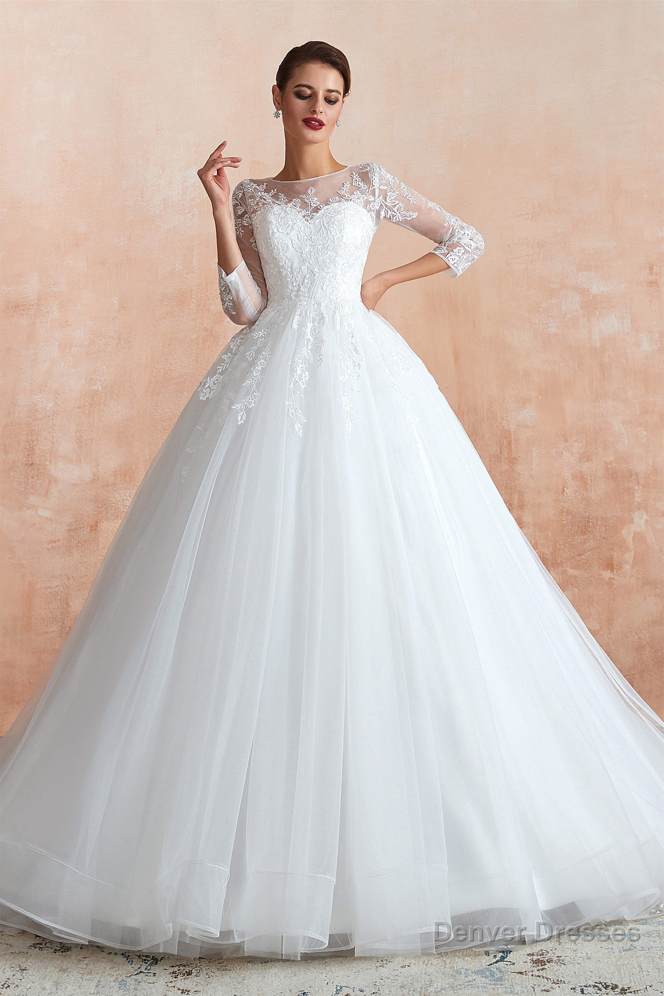 Lace Jewel White Tulle Wedding Dresses with 3/4 Sleeves Secondary image