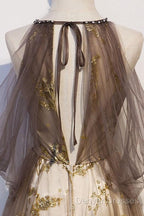 Lace Long Appliques Champagne Tulle Prom Dress