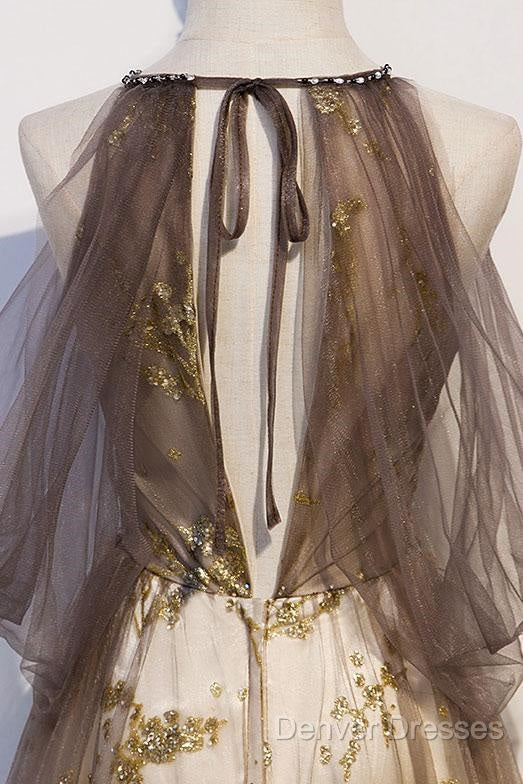 Lace Long Appliques Champagne Tulle Prom Dress