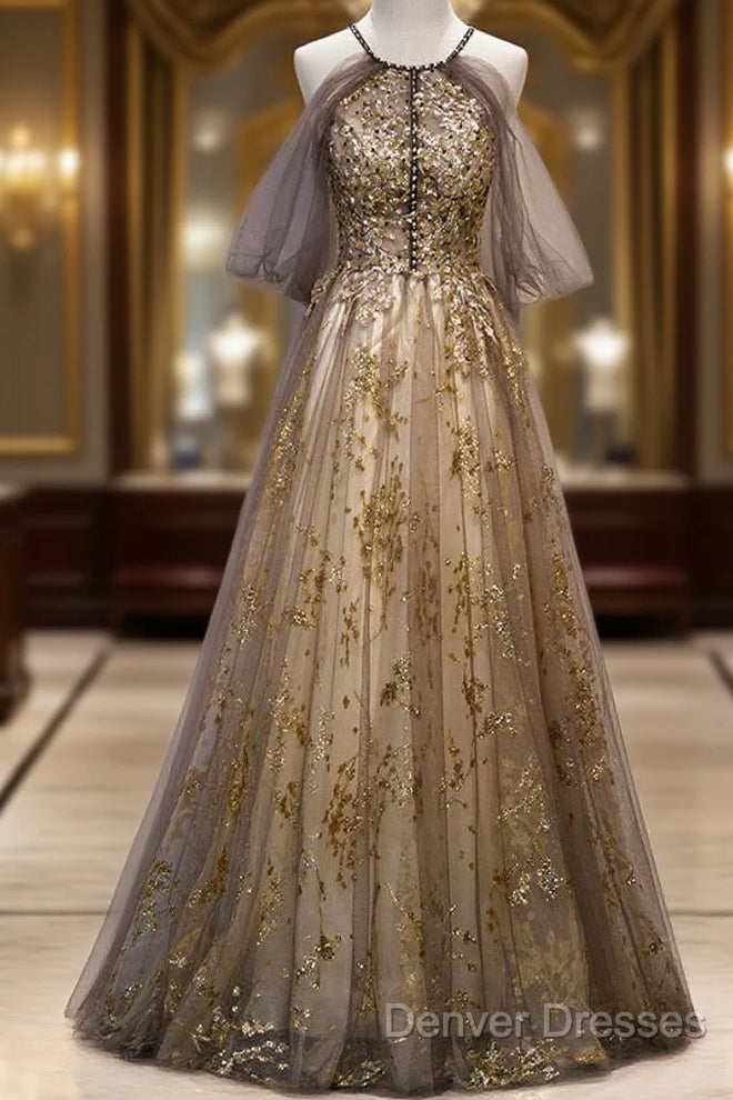 Lace Long Appliques Champagne Tulle Prom Dress Main image