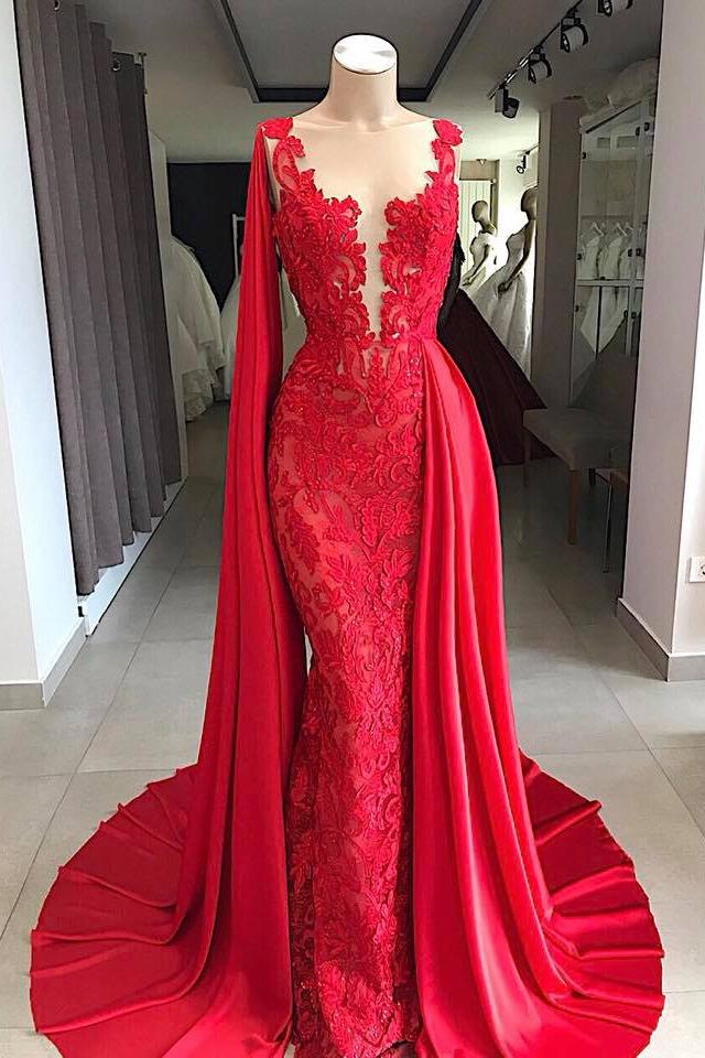 Lace Long Evening Dresses Sleeveless Red Prom Dresses With Cape