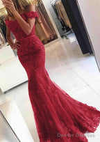 Lace Long/Floor-Length Trumpet/Mermaid Sleeveless Off-The-Shoulder Zipper Prom Dresses With Appliqued Beaded