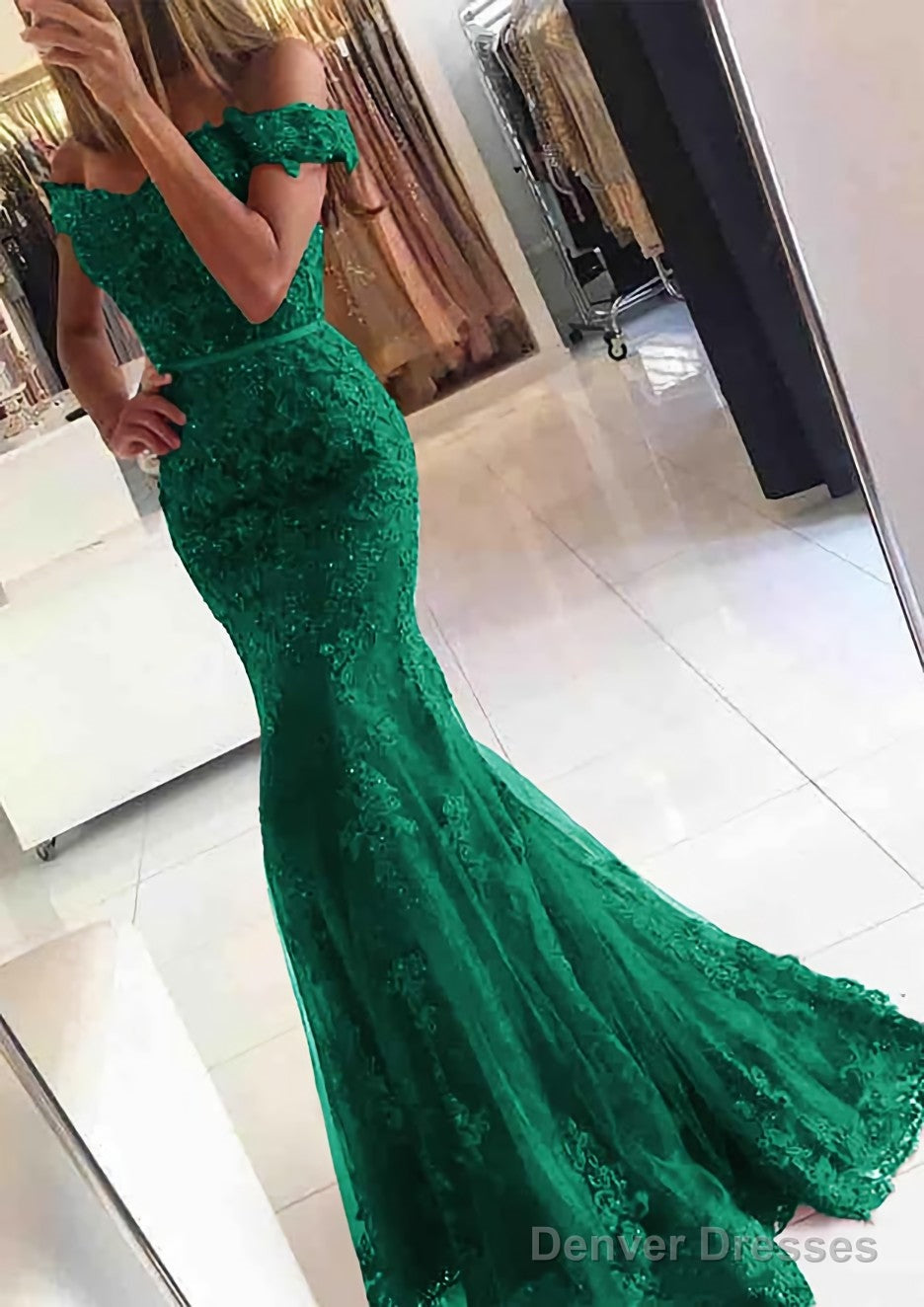 Lace Long/Floor-Length Trumpet/Mermaid Sleeveless Off-The-Shoulder Zipper Prom Dresses With Appliqued Beaded