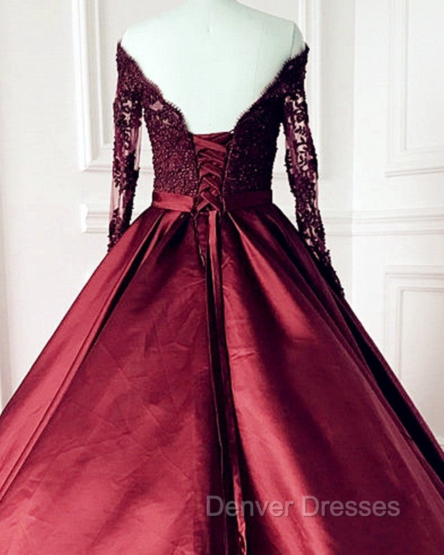 Lace Long Sleeves Ball Gown Satin Dress Off The Shoulder