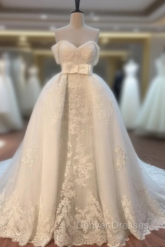 Lace Off Shoulder Mermaid Wedding Dress Removable Skirt