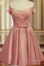 Lace Off Shoulder Satin Homecoming Dress Bow Sashes