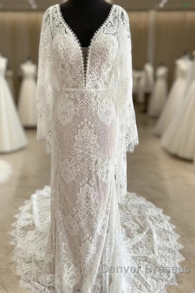 Lace Plunge V Mermaid Long Wedding Dress With Bell Sleeves Main image