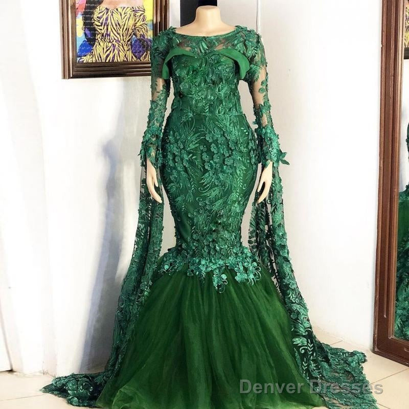 Lace Prom Dresses, Mermaid Prom Dresses, Long Sleeve Prom Dresses, Green Prom Dresses