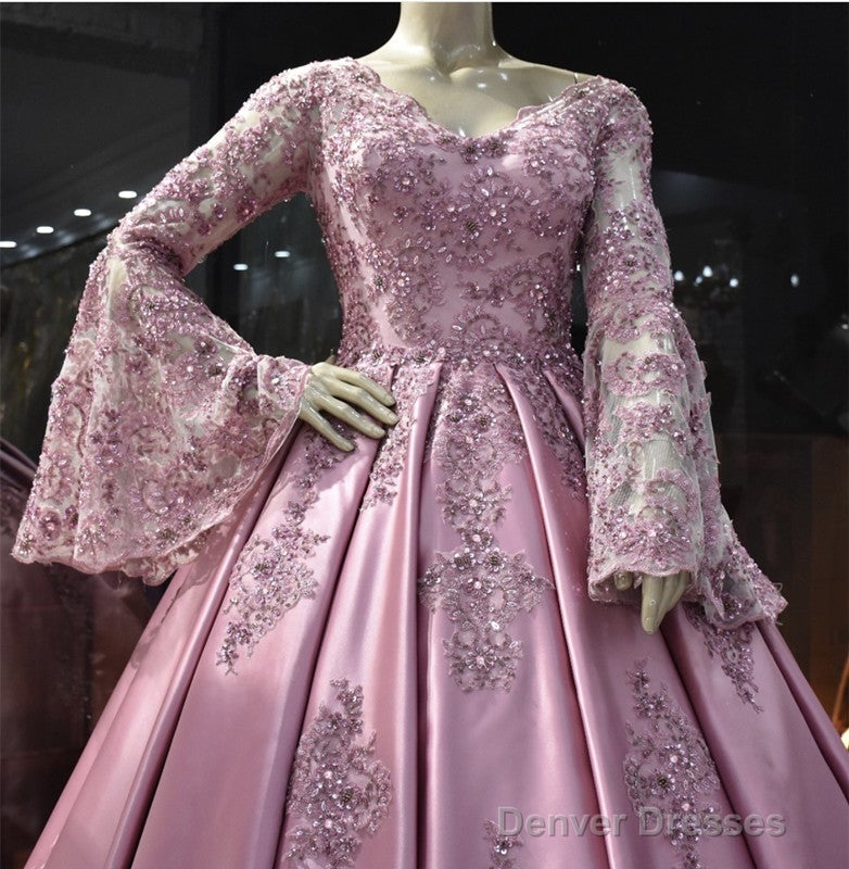 Lace Puffy Sleeves Satin Ball Gown V-Neck Dress Secondary image