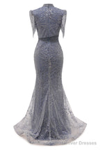 Lace Sequin Long Grey Prom Dresses High Neck Beaded Mermaid Long Evening Dresses