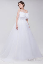 Lace Sheer Waist Long Pleated A-line Train Wedding Dresses with Half Sleeves