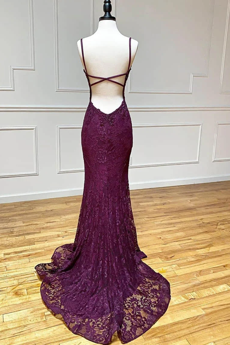 Lace Spaghetti Straps V-Neck Mermaid Formal Prom Dress With Slit Secondary image