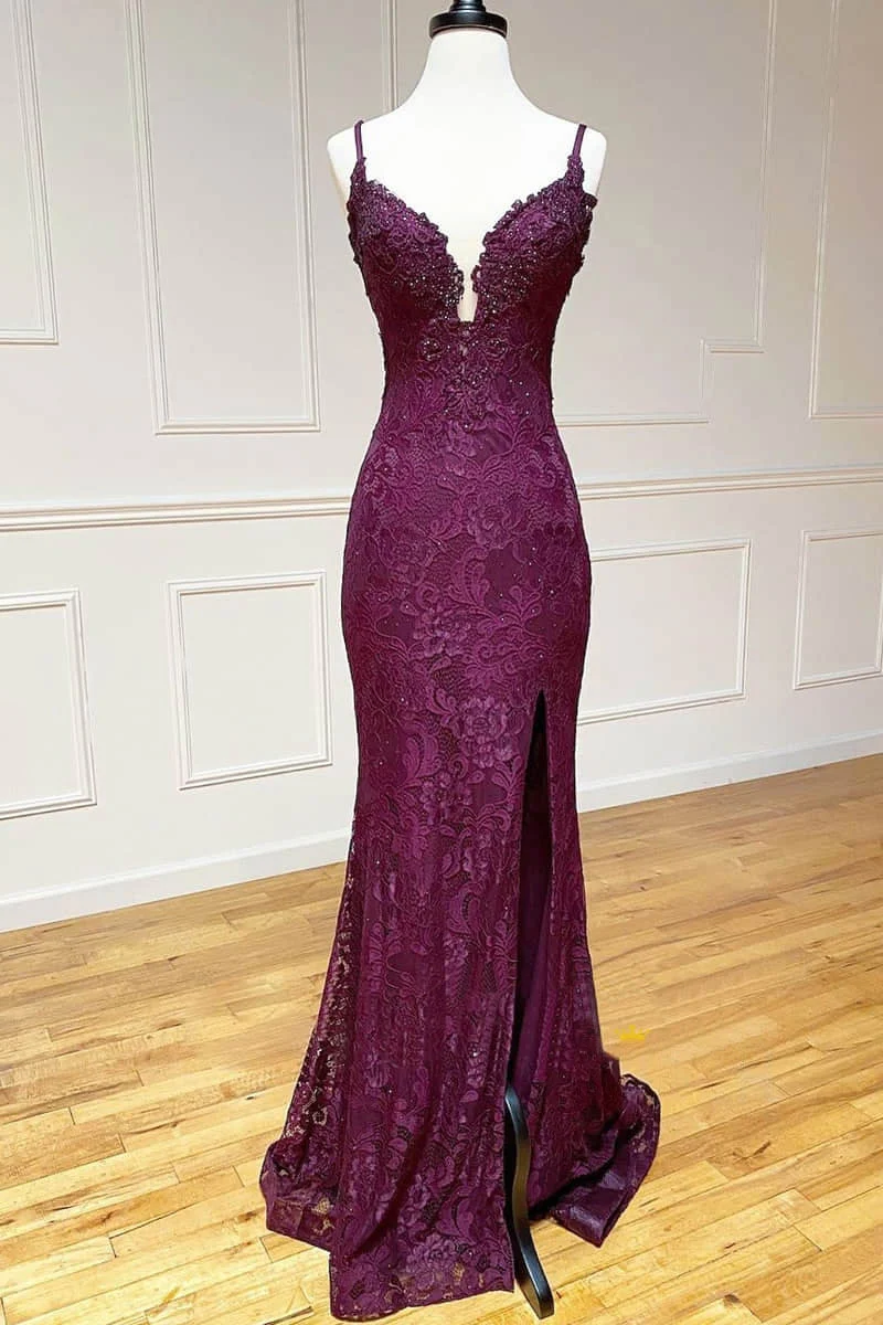 Lace Spaghetti Straps V-Neck Mermaid Formal Prom Dress With Slit Main image