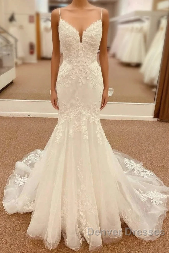 Lace Straps Backless Trumpet Long Wedding Dress Main image
