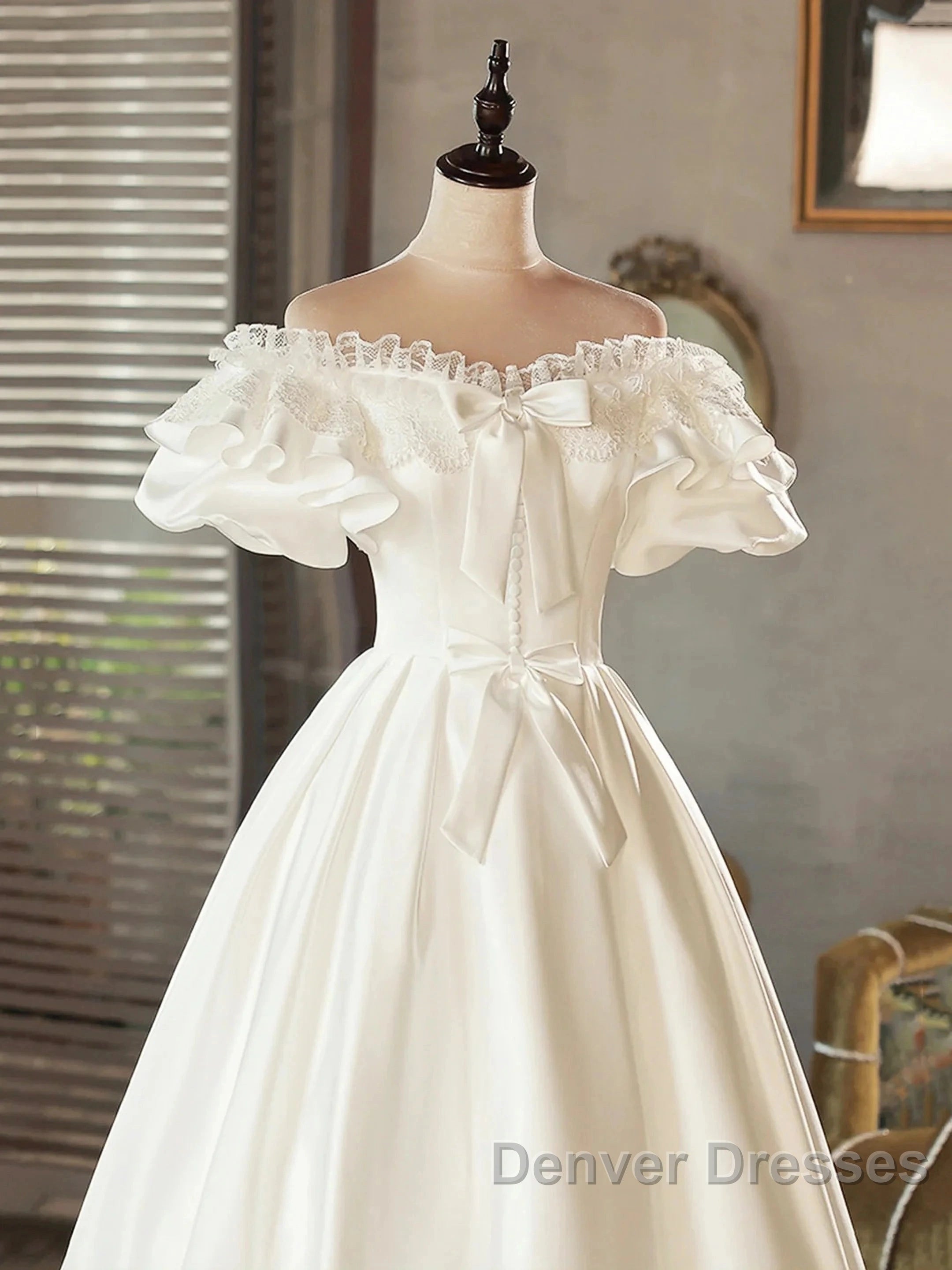 Lace Tea Length Bowknot White Satin Wedding Dress