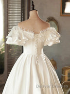 Lace Tea Length Bowknot White Satin Wedding Dress