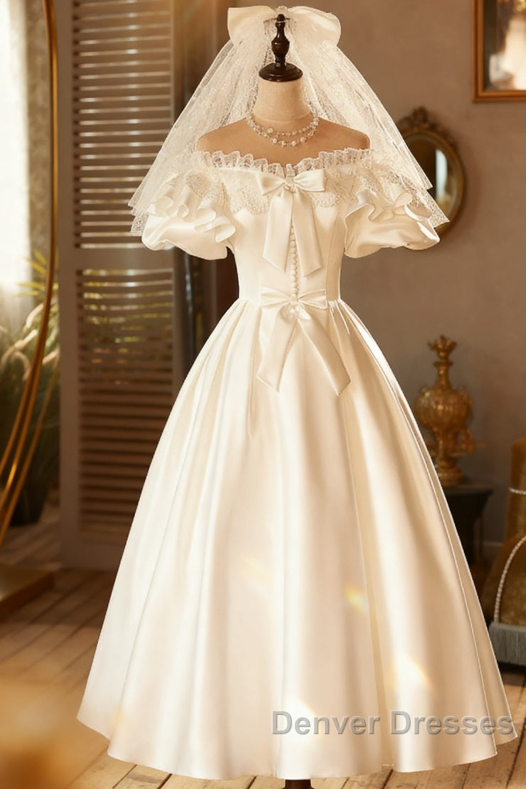 Lace Tea Length Bowknot White Satin Wedding Dress Main image