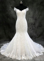 Lace Trumpet/Mermaid Sweep Train Off-The-Shoulder Wedding Dress
