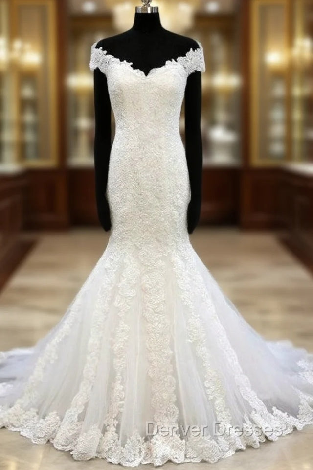 Lace Trumpet/Mermaid Sweep Train Off-The-Shoulder Wedding Dress
