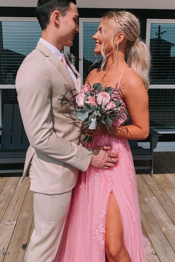 Lace Up Back Pink A-Line Empire-Waist Lace Appliques Long Formal Prom Dress