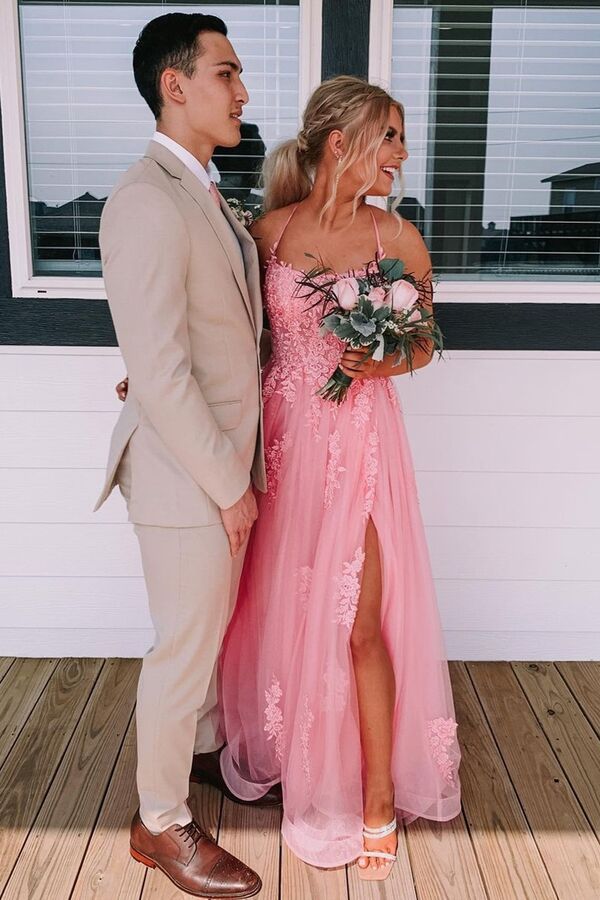 Lace Up Back Pink A-Line Empire-Waist Lace Appliques Long Formal Prom Dress Main image