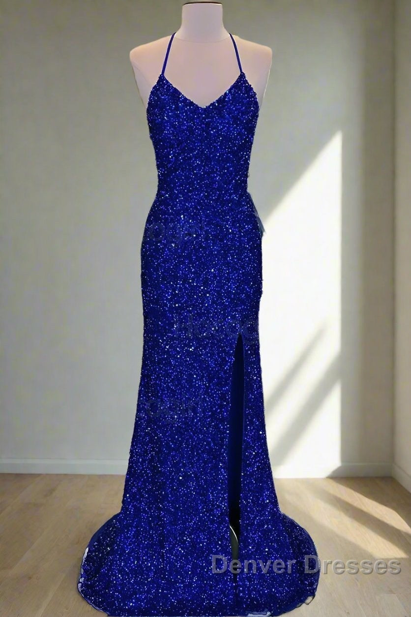 Lace-Up High Slit Royal Blue Glitters Long Party Dress