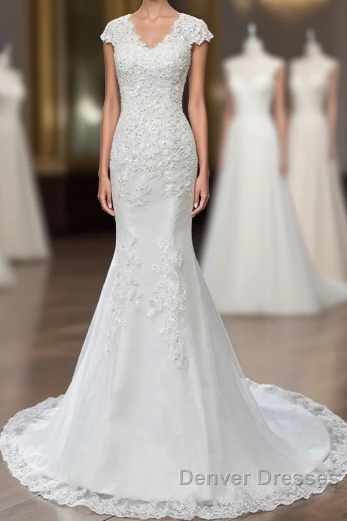 Lace V-Neck Cap Sleeve Trumpet Wedding Dress Main image